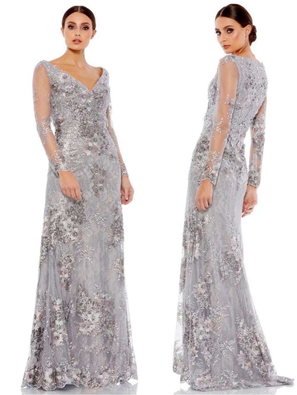 Mac Duggal Embellished V Neck Illusion Long Sleeve Gown 67539 Platinum NWT SZ 2